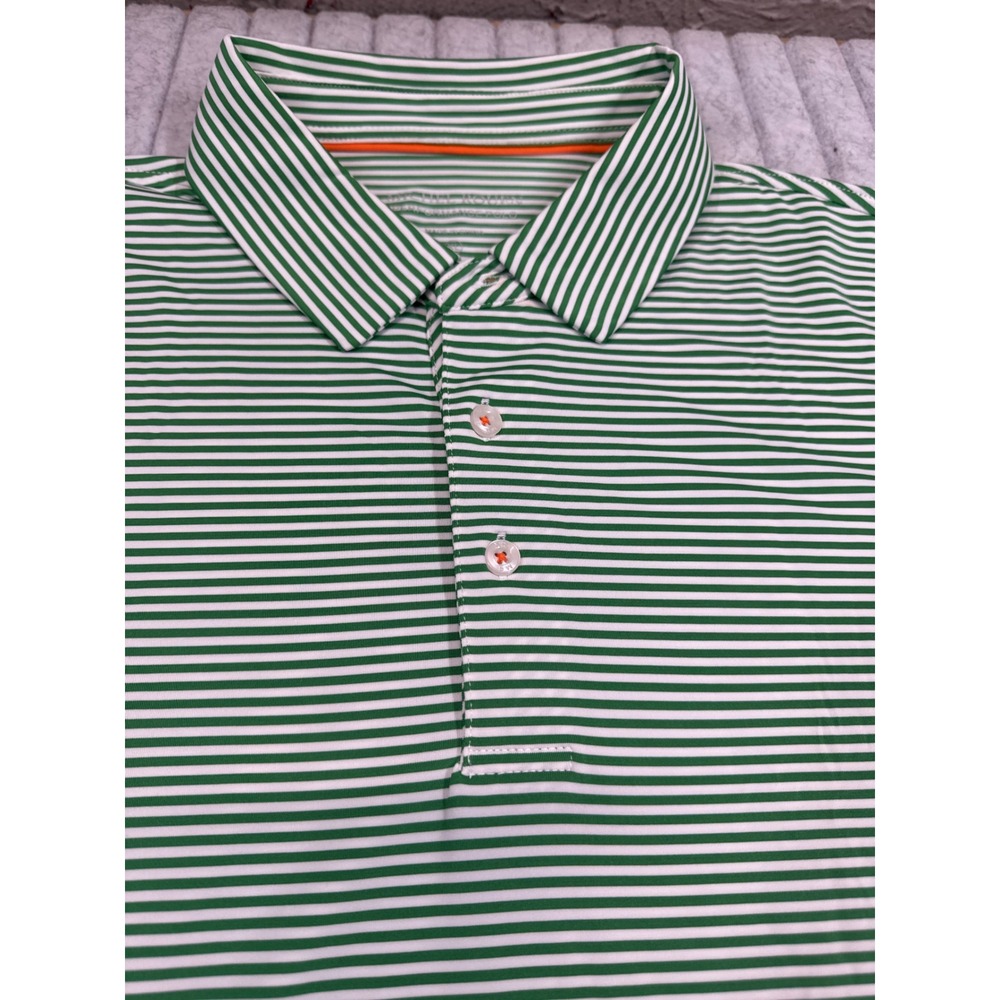 Michel Rouen Mens XL Green White Striped Performance Golf Polo Shirt Stag Logo